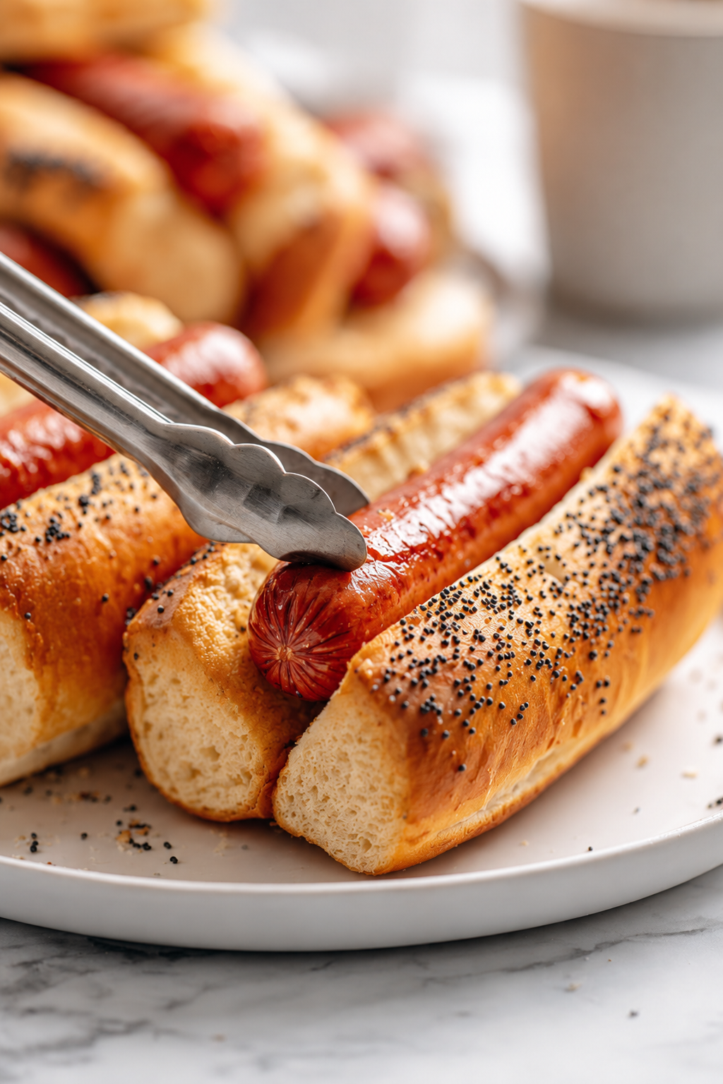 Place cooked hot dogs in toasted buns