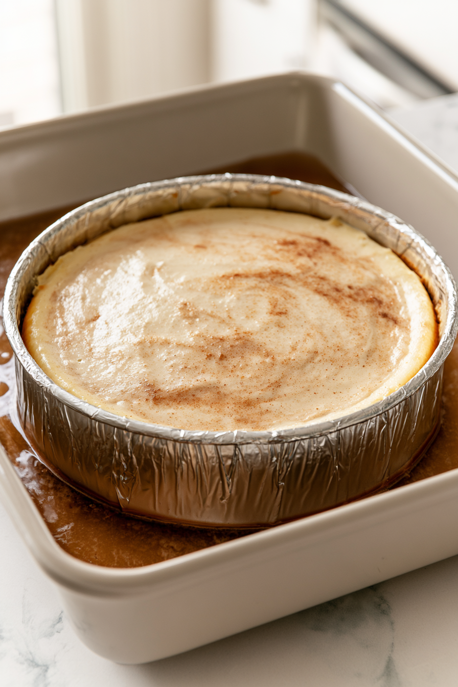 Place the springform pan in a larger roasting pan. Pour hot water into the roasting pan until it reaches halfway up the sides of the springform pan