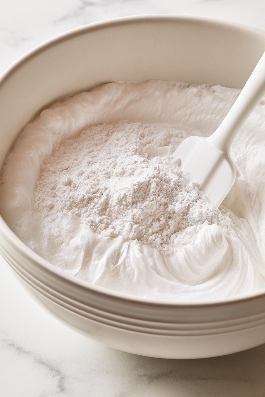 Sift the flour mixture into the egg whites in three parts, folding gently each time with a rubber spatula