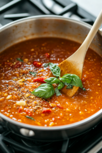 Simmering Marinara Sauce with Tomatoes and Basil