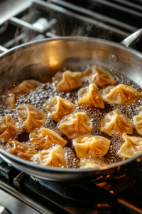 The image shows dumplings frying in oil