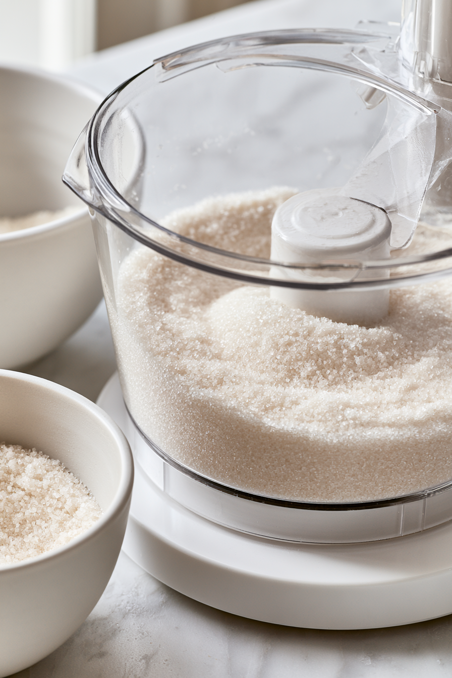 Use a food processor to make your sugar finer by pulsing it. Set aside 1 cup of the processed sugar.