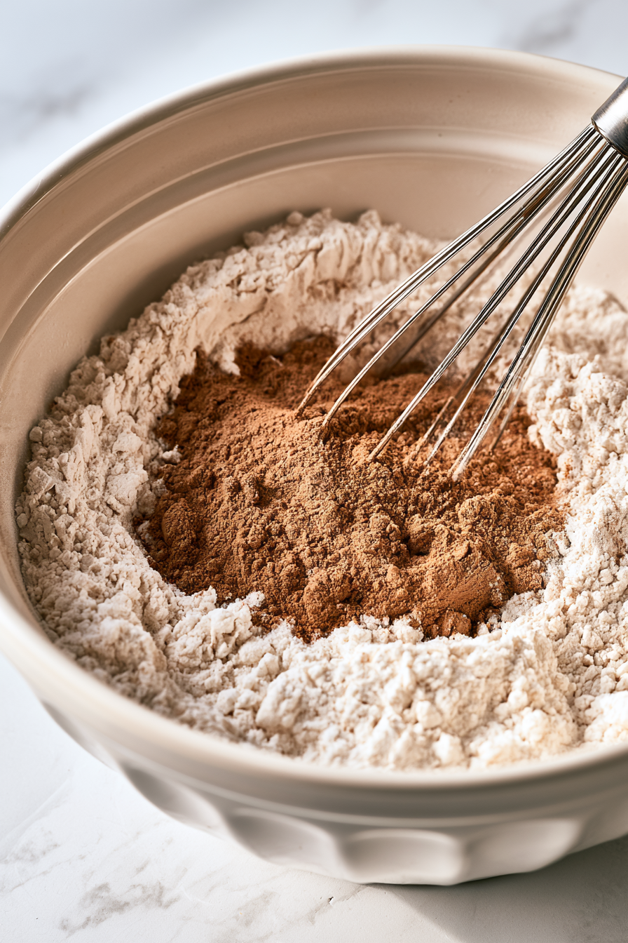 Whisk flour, baking powder, baking soda, cinnamon, pumpkin pie spice, and salt in a bowl