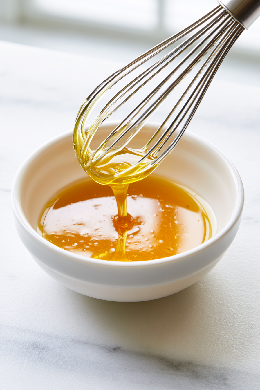 Whisk together cane syrup (or maple syrup), vinegar, and olive oil to make the vinaigrette