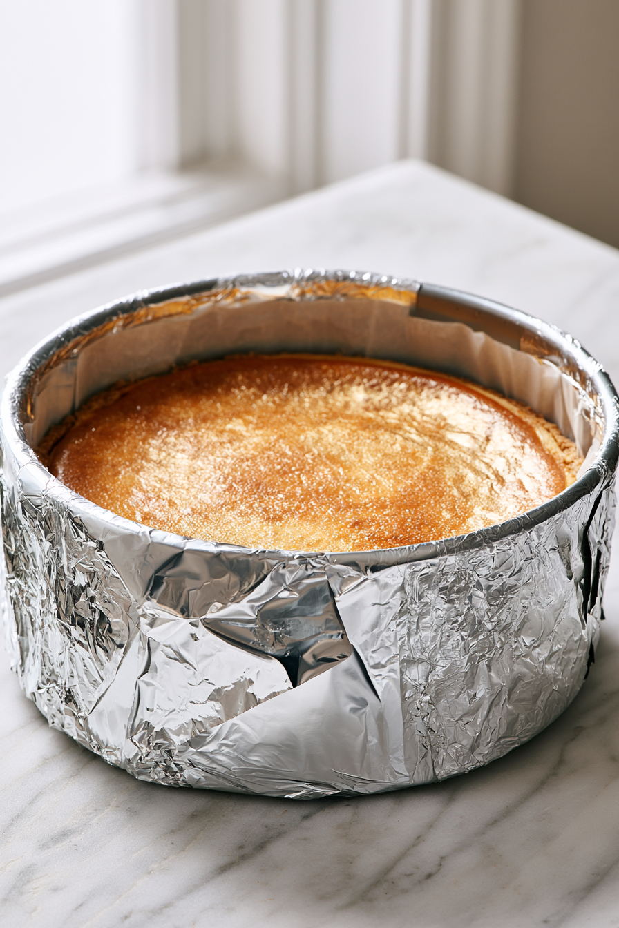 Wrap the outside of the springform pan tightly with aluminum foil to prevent water from entering during the water bath