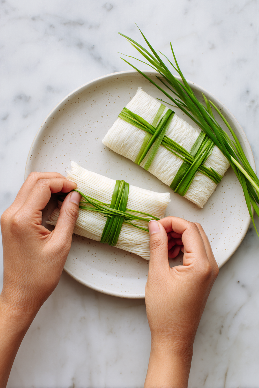 Wrap tightly and secure with a chive strip. Sprinkle with flaky sea salt, cilantro, and crushed cashews.