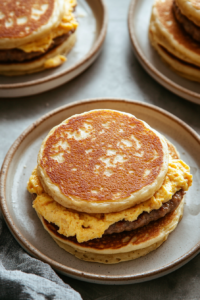 Pancake pairs on plates being layered with sausage patties, cheese, and eggs, then assembled into McGriddle sandwiches.