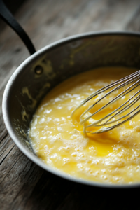 Eggs being whisked in a bowl and poured into a skillet, cooking either as scrambled eggs or a large patty.