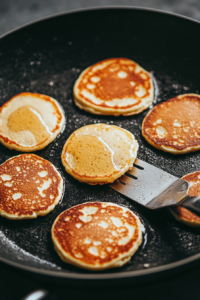 Pancake batter being poured into a hot skillet, forming pancakes with bubbles on the surface, and a spatula flipping them.