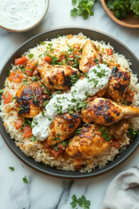 The image shows a large serving platter with mounded rice in the center, topped with chicken pieces and yogurt sauce. The assembled dish is highlighted with soft, natural light.