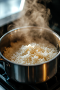 The image depicts a pot of long-grain white rice, such as basmati, simmering on a stovetop with steam rising. The scene highlights the fluffy texture of the rice, illuminated by soft, natural light.