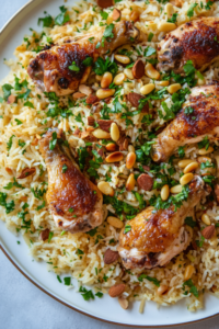 The image depicts the finished mansaf dish on a serving platter, garnished with toasted almonds, pine nuts, and finely chopped parsley. The vibrant colors and textures of the garnishes are highlighted by soft, natural light.