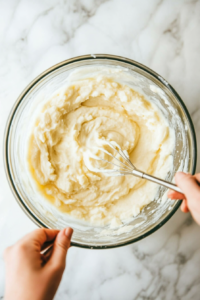 Mixing bowl with Kodiak Cakes Powercakes Mix and water, being stirred to create smooth pancake batter.