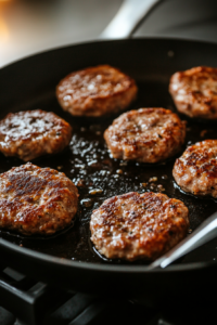 Breakfast sausage being shaped into patties on a cutting board, seasoned with salt and pepper, and cooking in a skillet.