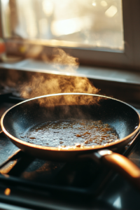 A skillet being heated on the stovetop with cooking spray or oil applied, ready for cooking pancakes.