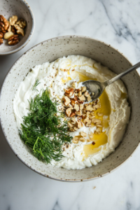 the image show the mixture of ingredients in labneh dip