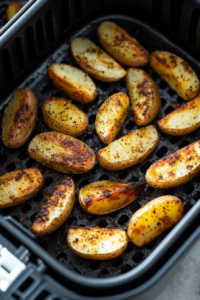 the image shows Place the potatoes in a single layer in the 400°F air fryer.