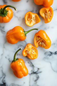 the image shows Removing the top stems from habanero peppers