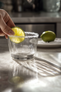 the image shows Rubing the lime wedge around the rim of a margarita glass