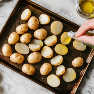 the image shows arranging the potatoes for mini potatoes recipe