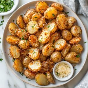 the image shows mini potatoes ready to serve in a plate.