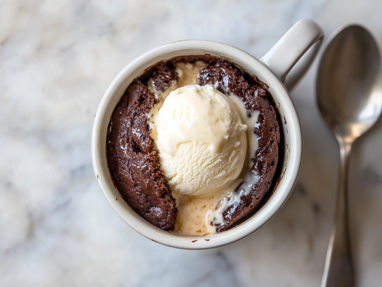the image shows the brownie in a mug with ice cream over the top.