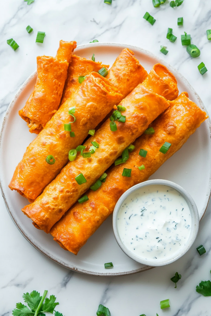 the image shows the buffalo chicken taquitos is ready to serve