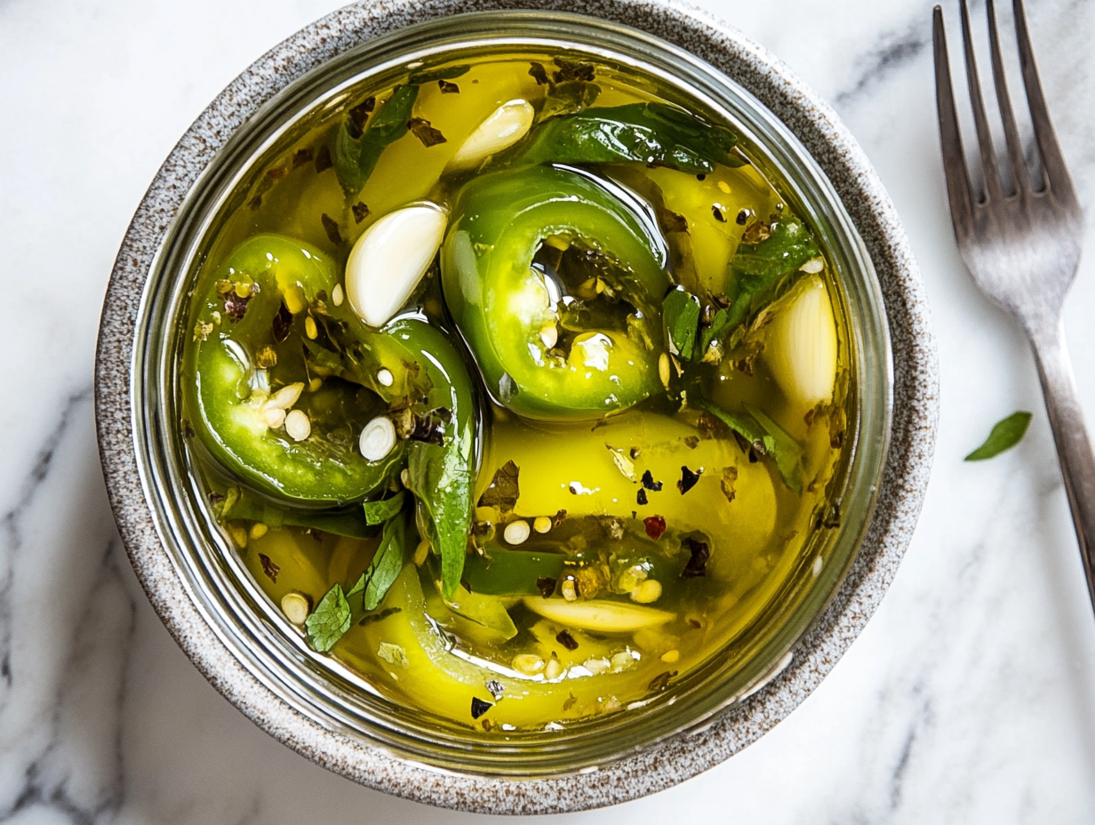 the image shows the pickled serrano peppers is ready to serve