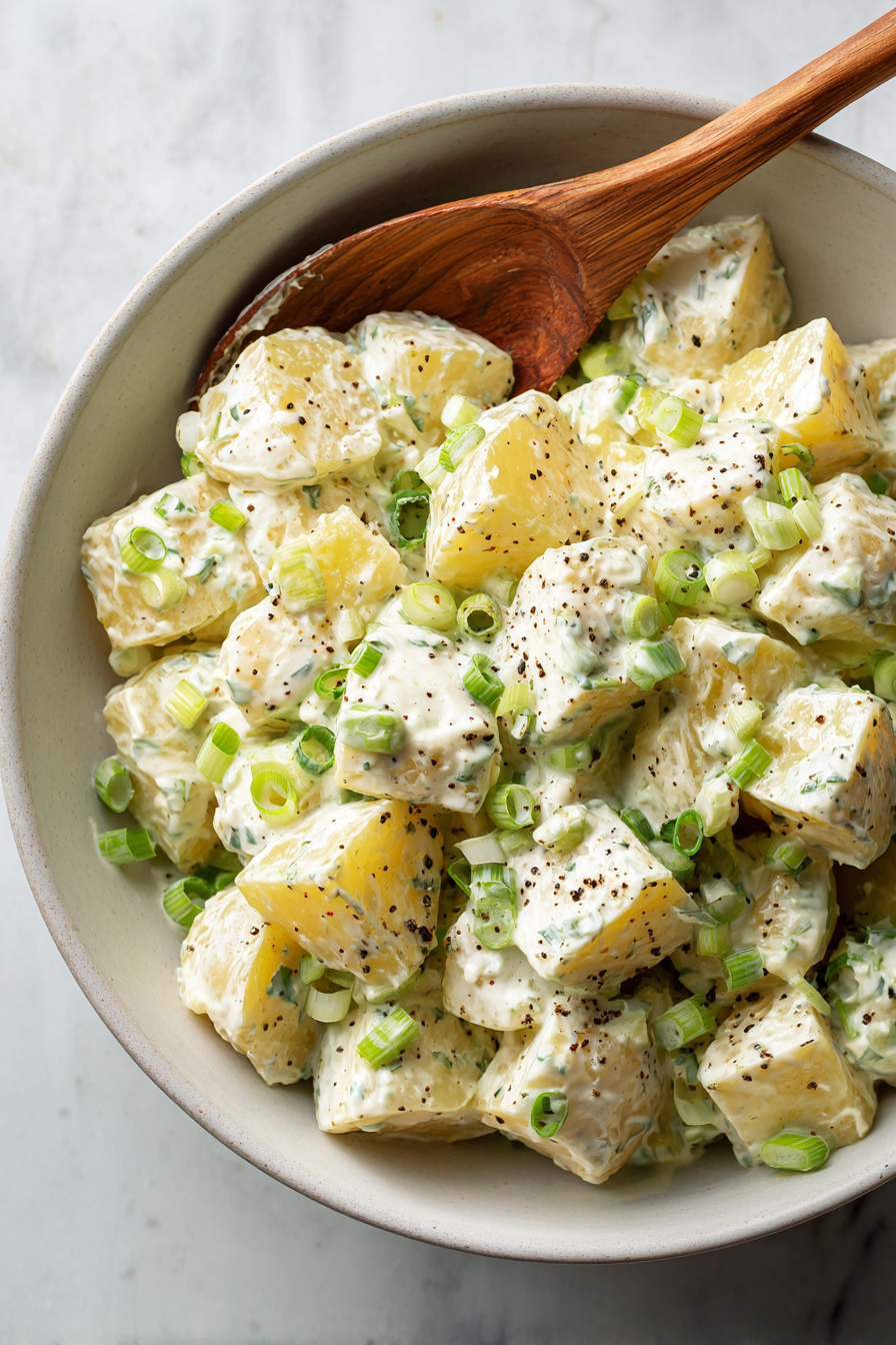 Add pepper, scallions, and cooled potatoes; mix well.