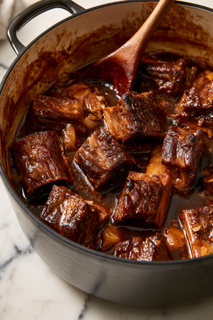Add ribs to a Dutch oven along with the braising sauce. Bring to a gentle boil, then reduce heat to low