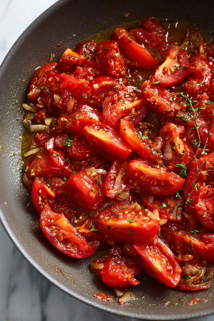 Add sliced tomatoes and cook briefly until they begin breaking