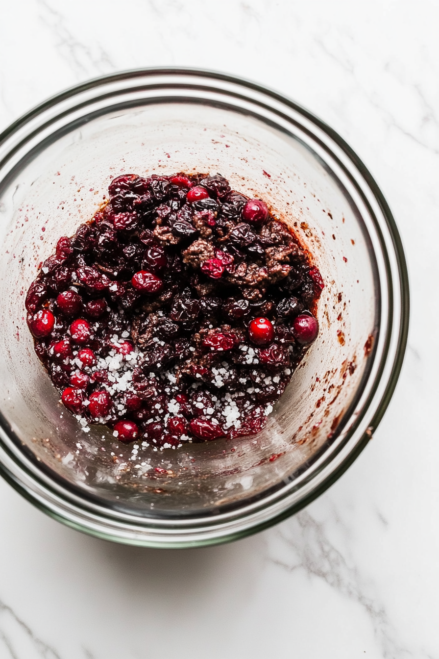 Add dried berries and salt to the mixture, ensuring they are evenly distributed.