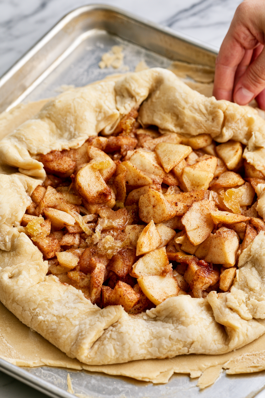 Arrange apple filling on the dough, leaving a border, and fold edges over
