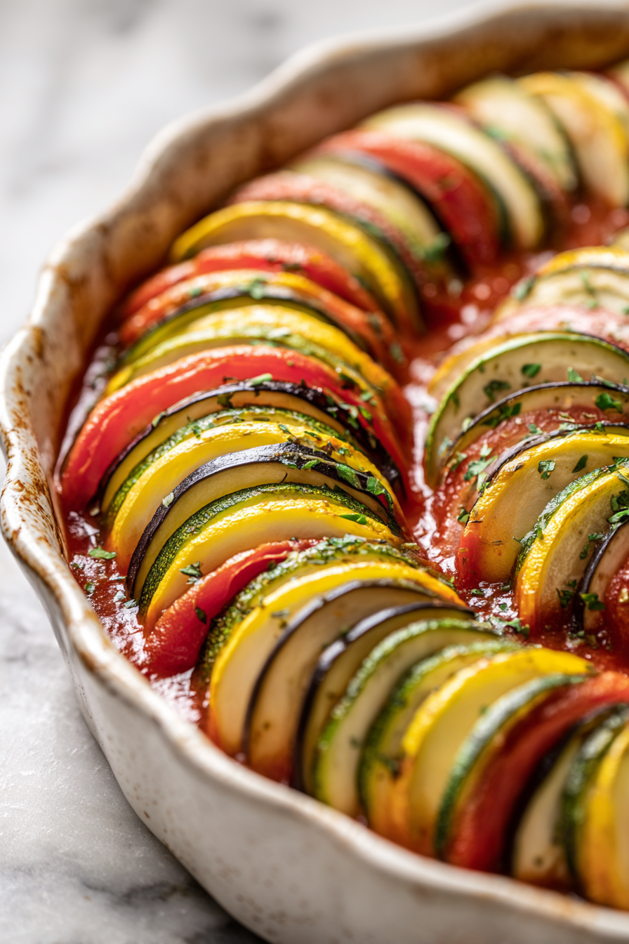 Arrange thin overlapping slices of eggplant, zucchini, red bell pepper, yellow bell pepper, and tomatoes in alternating rows over the sauce
