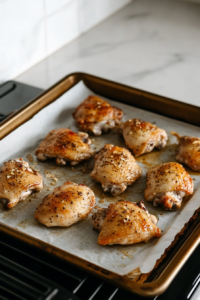 Chicken thighs baking in the oven with a garlic Parmesan sauce drizzling over them, as part of the Garlic Parmesan Chicken recipe.