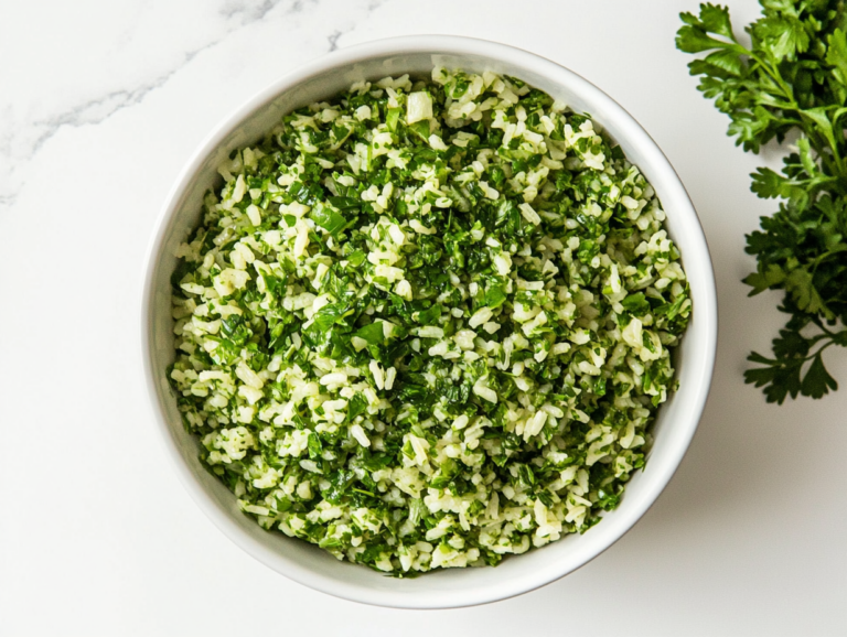 A serving of vibrant Chimichurri rice garnished with fresh parsley and cilantro in a bowl, ready to be served as a side dish.