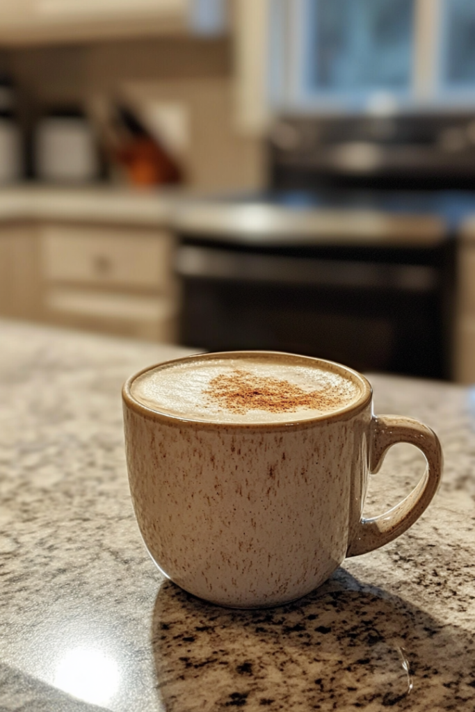 A finished mug of Coffee Loophole sits on a cozy kitchen counter, steam rising from the frothy, creamy coffee. A sprinkle of cinnamon or nutmeg is visible on top, creating a warm and inviting presentation.