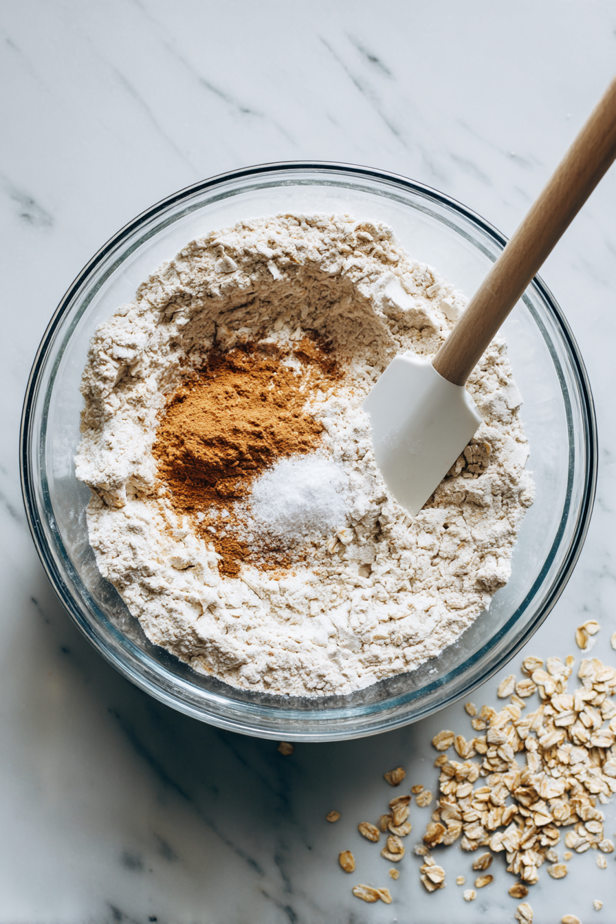 Combine Dry Ingredients: Add the flour, oats, cinnamon, baking soda, and salt to the mixture. Stir just until the dry ingredients are incorporated.