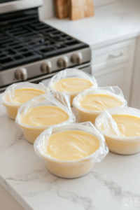 Covering individual bowls of Natilla with plastic wrap to prevent a skin from forming before refrigerating them for two hours.