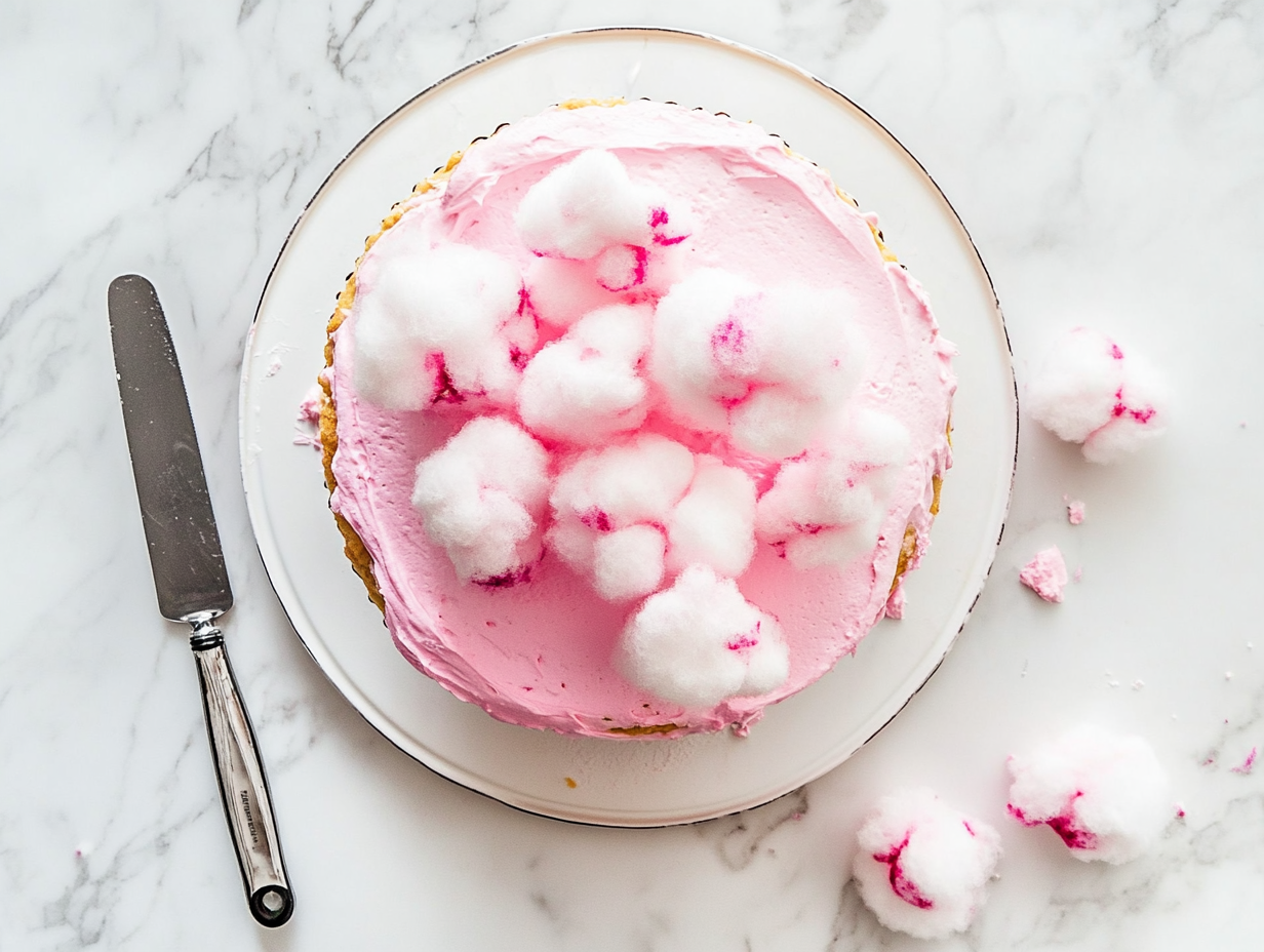 This image shows a fully garnished cotton candy cake, topped with whipped topping and bright, fluffy cotton candy, perfect for serving as a fun and sweet dessert centerpiece.