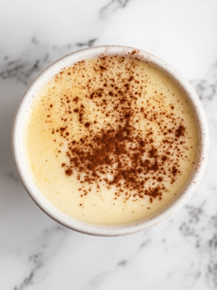 A close-up of a serving of Cuban Natilla, showing the smooth, velvety texture of the cinnamon and vanilla-flavored custard in individual bowls.