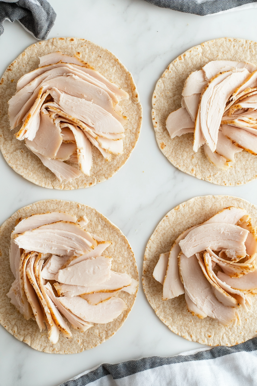 Evenly distribute the turkey slices onto each tortilla