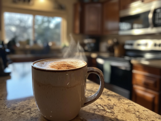 A finished mug of Coffee Loophole sits on a cozy kitchen counter, steam rising from the frothy, creamy coffee. A sprinkle of cinnamon or nutmeg is visible on top, creating a warm and inviting presentation.