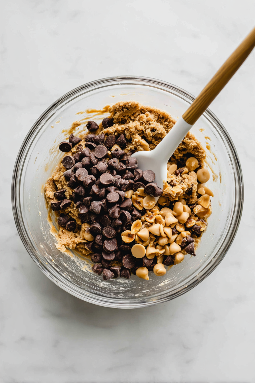 Fold in the Chips and Toffee: Gently fold in the chocolate chips, peanut butter chips, and toffee bits.