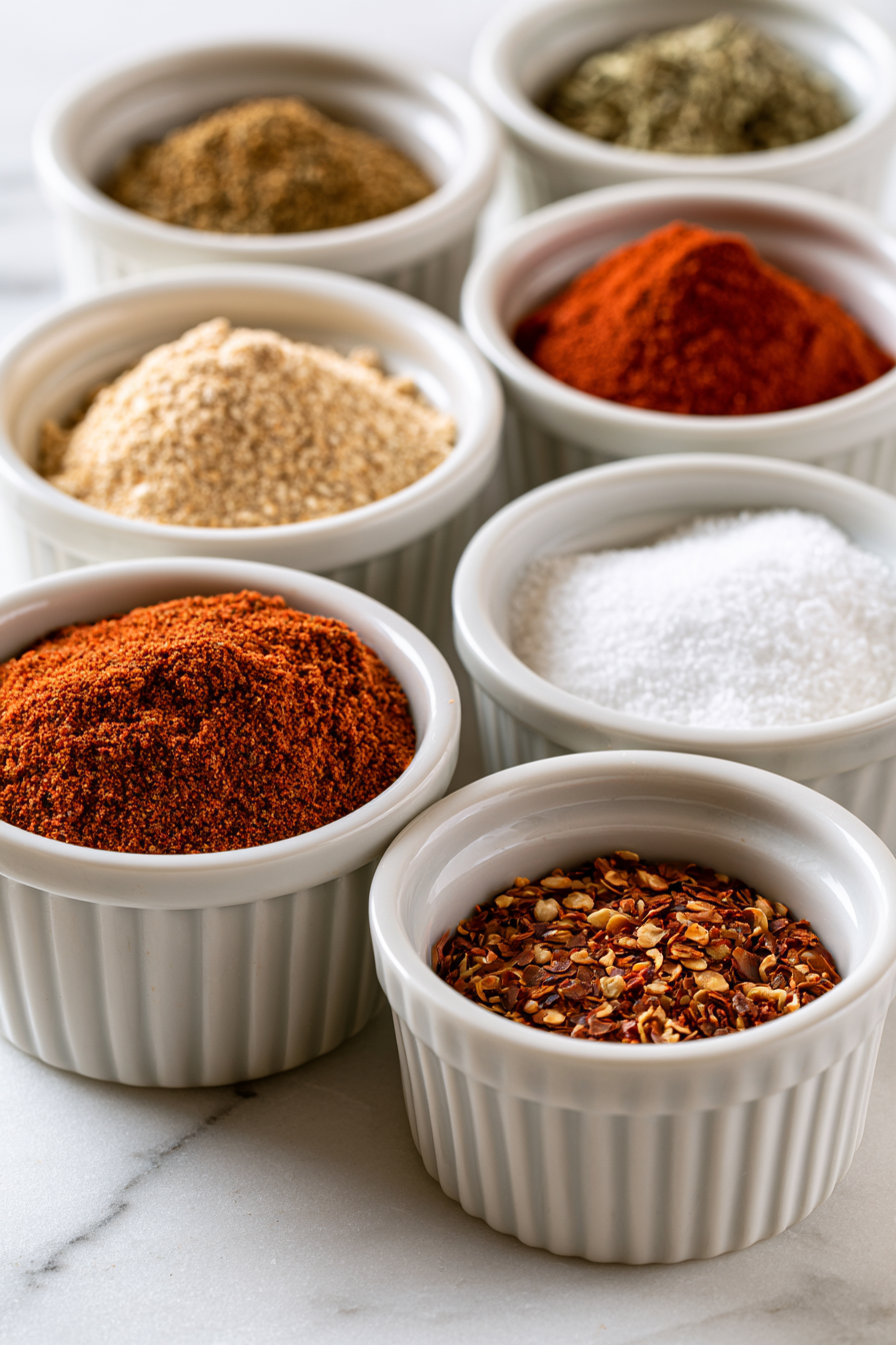 Gather your spices- chili powder, cumin, garlic powder, paprika, oregano, onion powder, salt, and optionally cayenne pepper