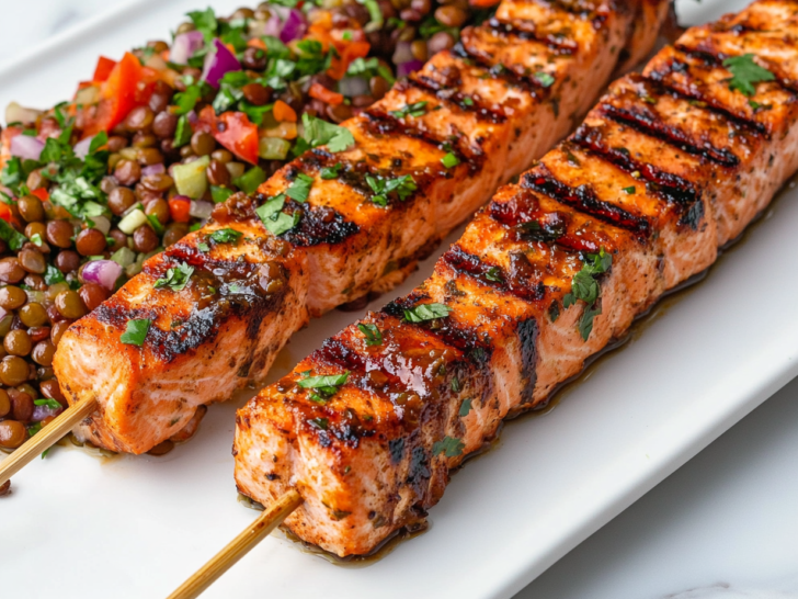 Grilled Salmon Kebabs w/ Harissa BBQ Sauce