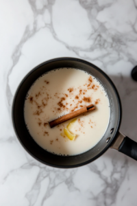 Simmering whole milk with a cinnamon stick, lime peel, and salt in a medium saucepan to infuse the flavors for the Cuban Natilla dessert.