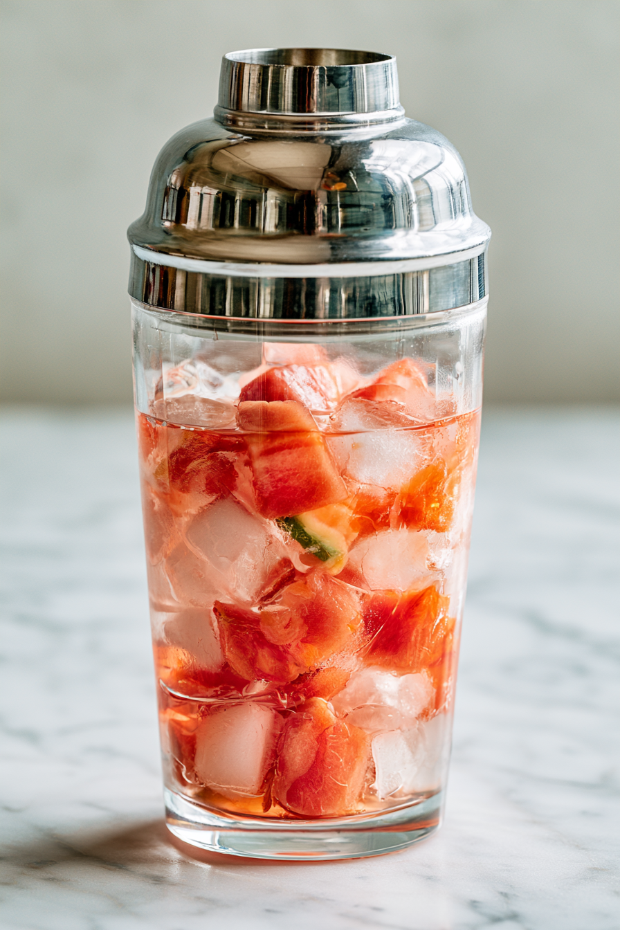 In a cocktail shaker, add ice, tequila, watermelon pucker, and hot sauce