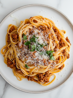 A beautifully plated dish of linguine bolognese topped with fresh herbs and parmesan, showcasing the hearty, vegetable-loaded meal as part of the recipe introduction.