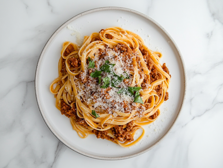 A beautifully plated dish of linguine bolognese topped with fresh herbs and parmesan, showcasing the hearty, vegetable-loaded meal as part of the recipe introduction.